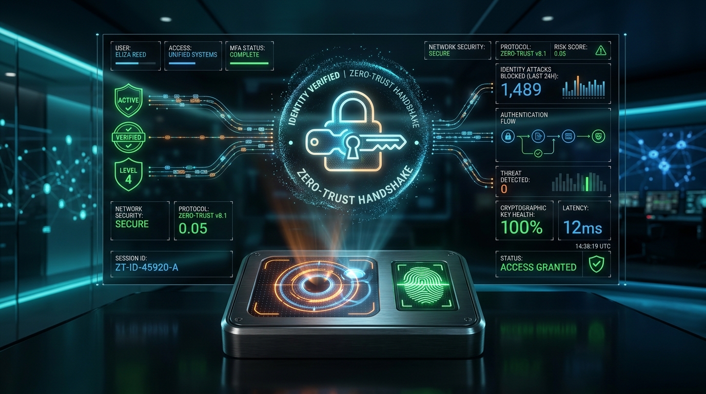 Zero-trust identity verification dashboard featuring cryptographic biometric handshakes and access control monitoring