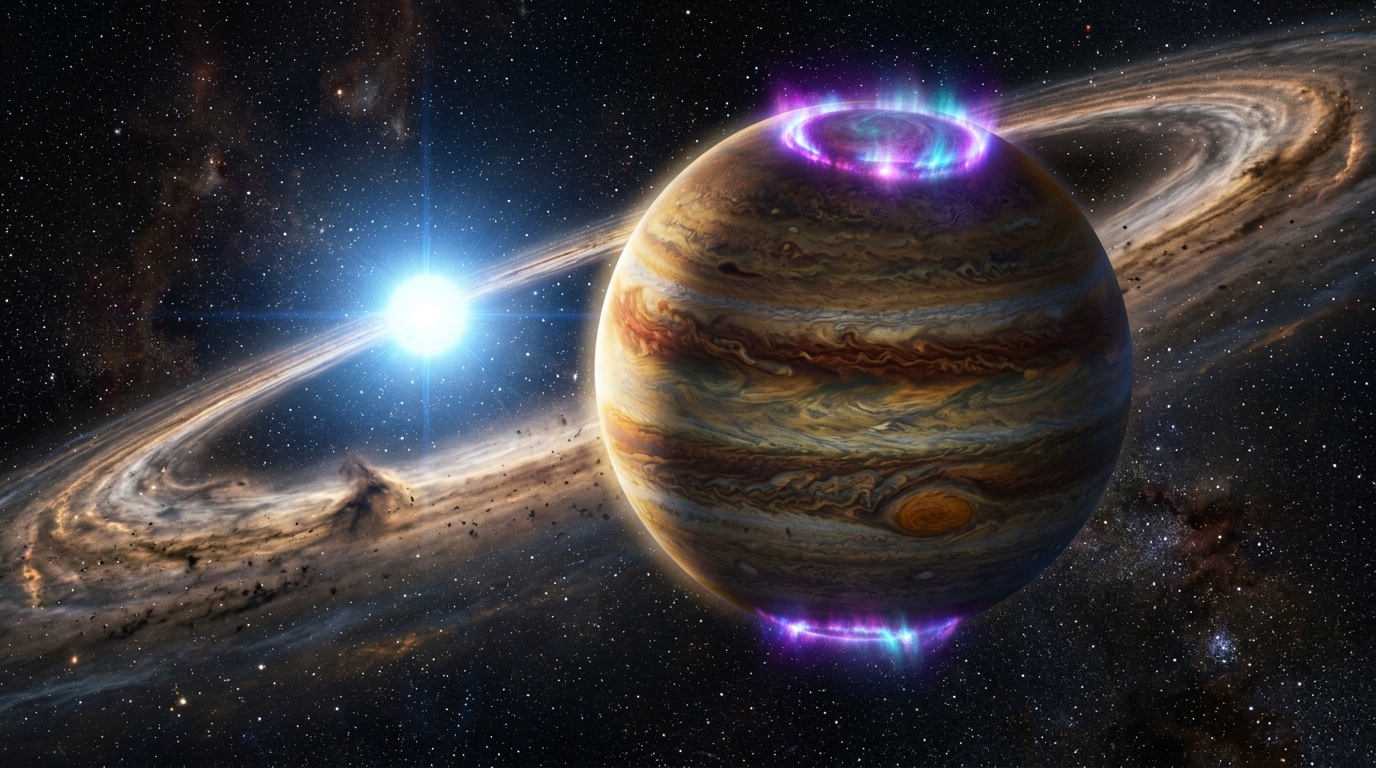 Artist concept of exoplanet Beta Pictoris b with glowing polar auroras and circumstellar debris disk