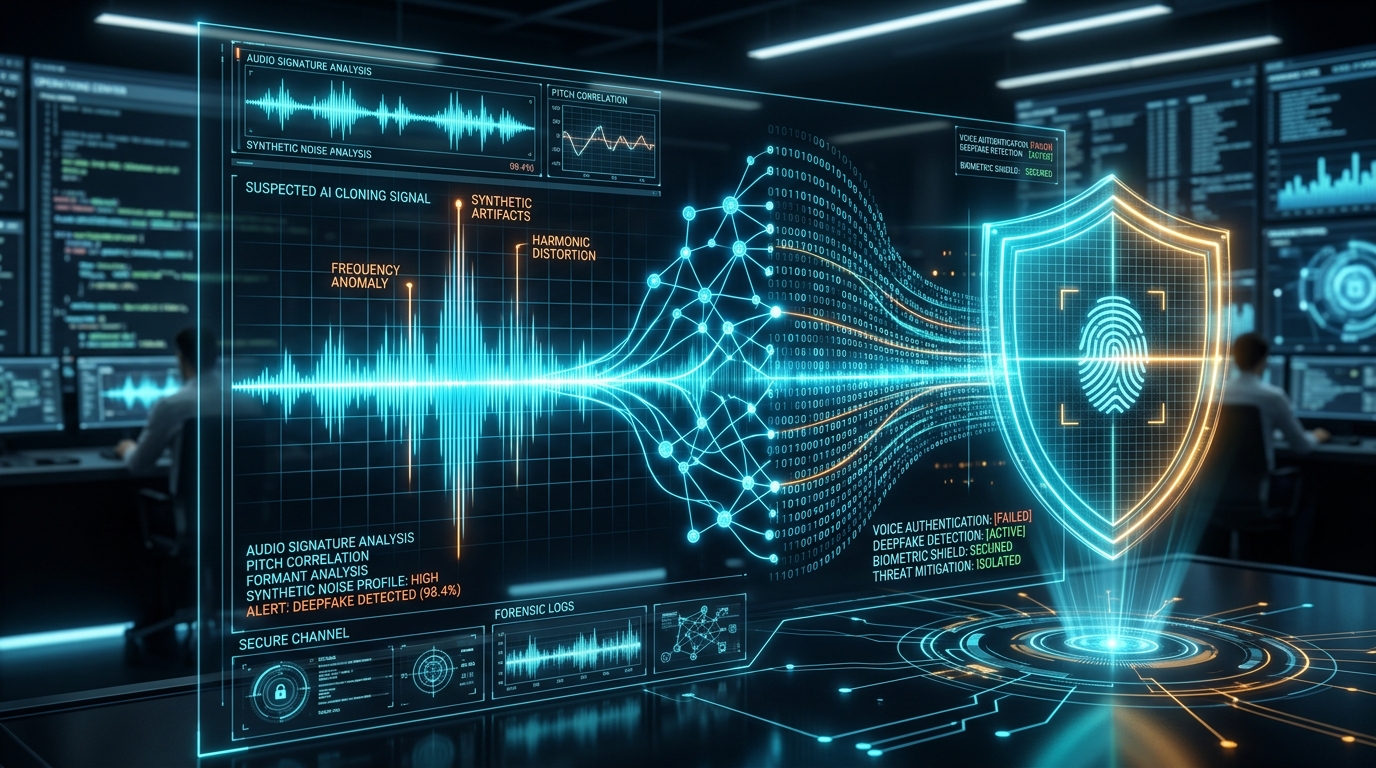 Futuristic digital forensics command interface analyzing AI audio waveforms, synthetic voice clone anomalies, and biometric security shielding