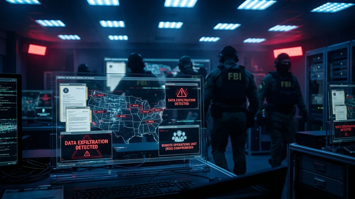 FBI cyber command center interface displaying security alert warnings during the massive ShinyHunters data breach