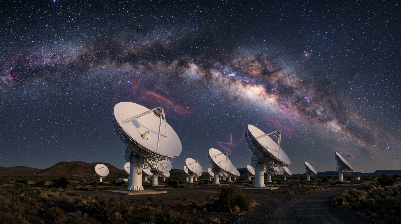 MeerKAT radio telescope array antennas under the starry night sky in South Africa
